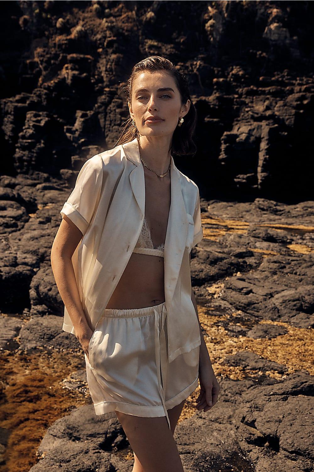 Topaz Ivory Pure Silk Short Sleeve Top and Shorts PJ Set