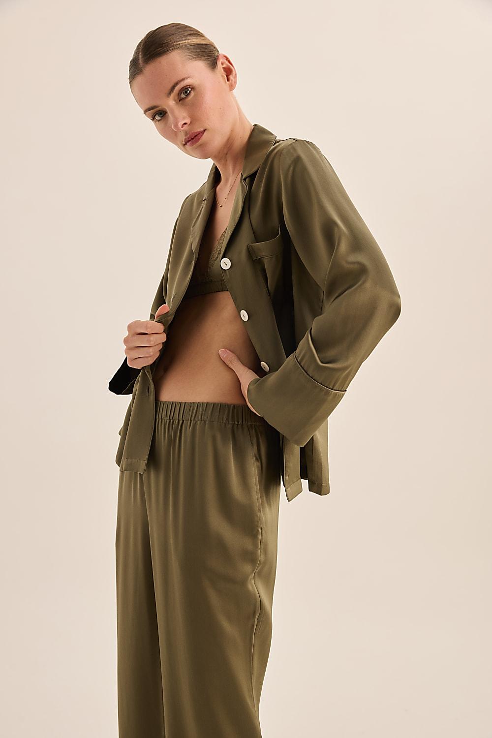 Emerald Pure Silk Long Sleeve Wide Leg Pyjama Set