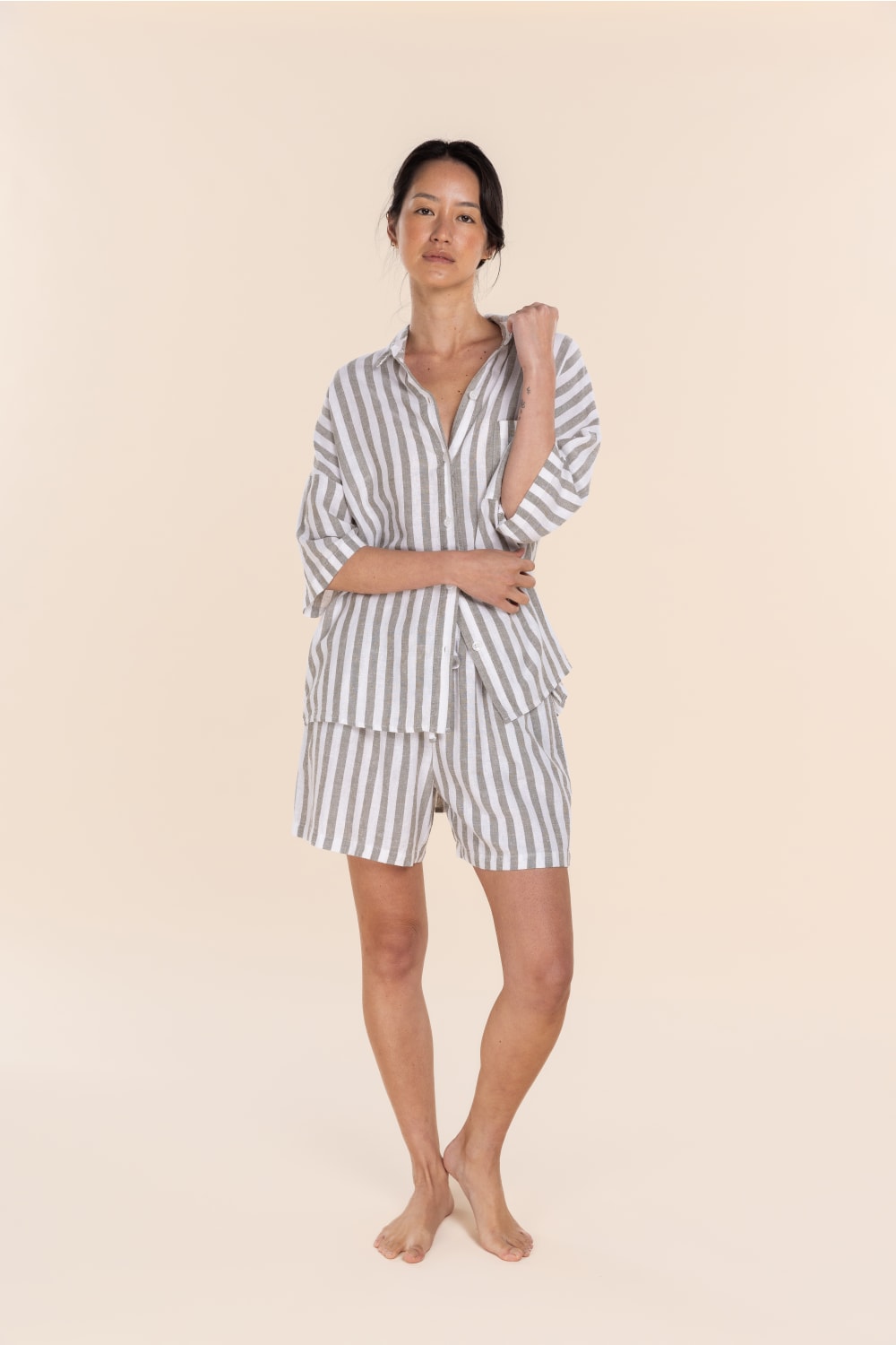 Evie Olive Stripe Linen Short Set