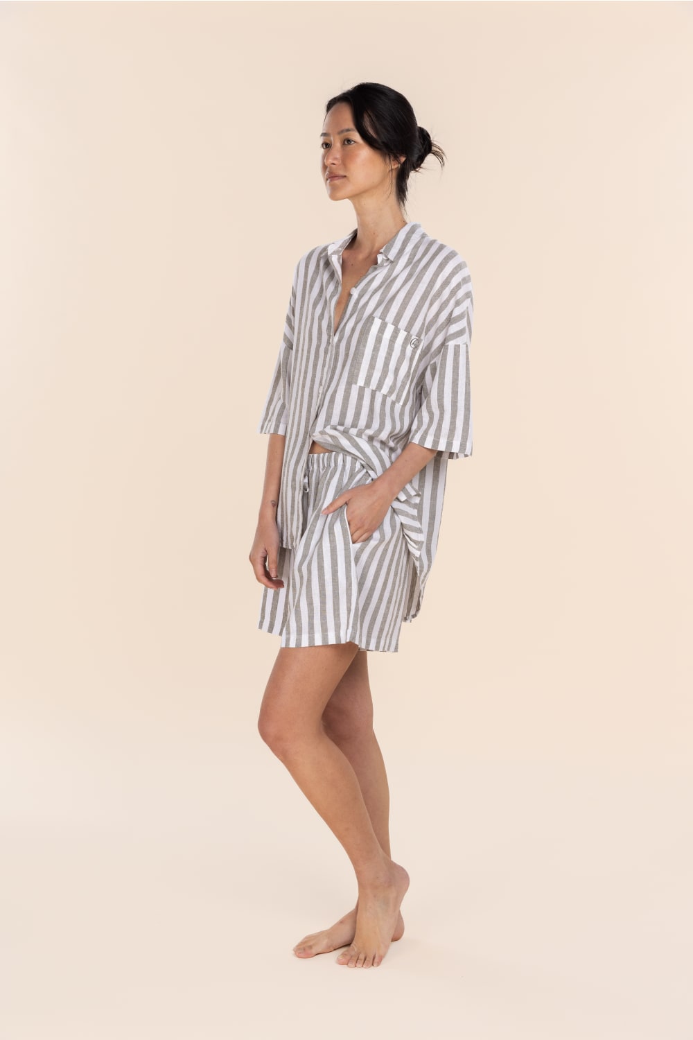 Evie Olive Stripe Linen Short Set