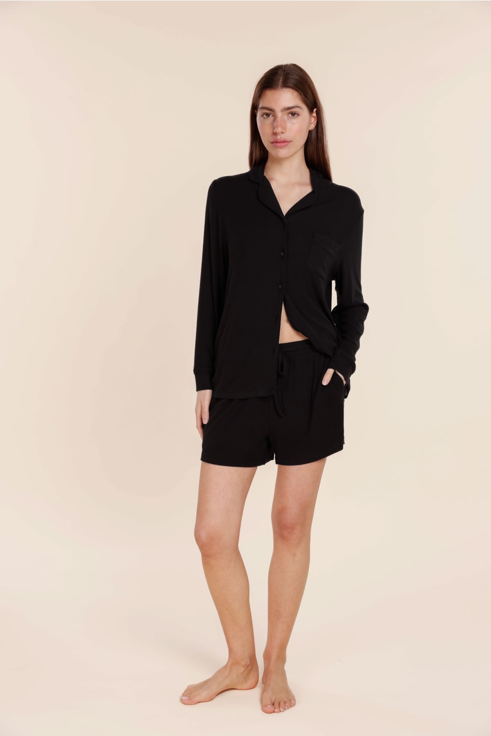 London Ribbed Long Sleeve Button Up Top