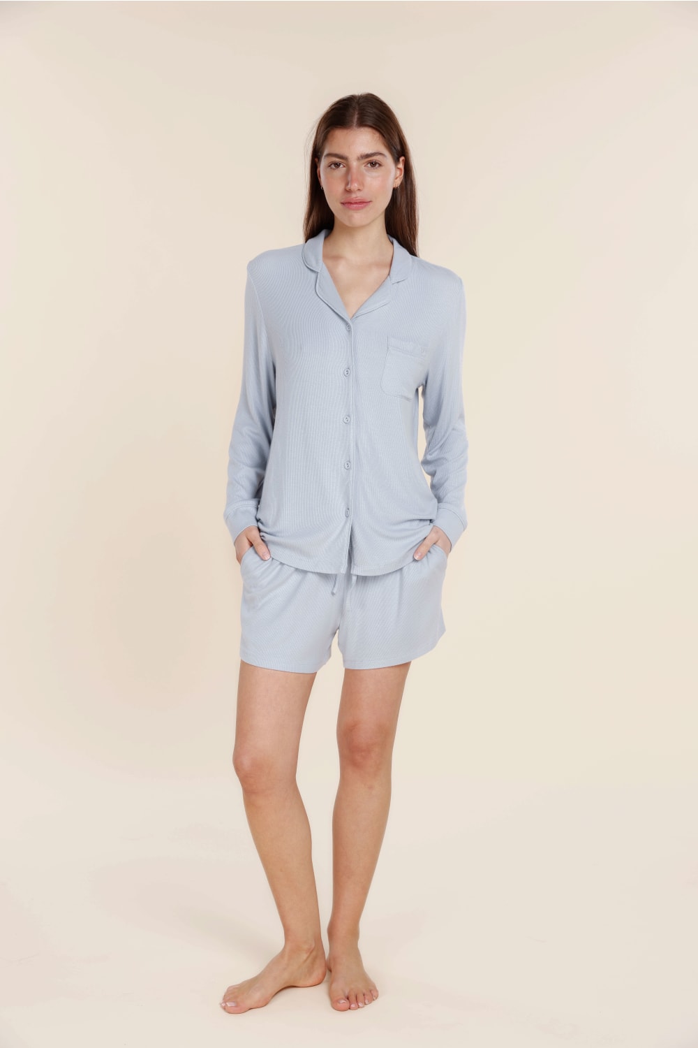 London Ribbed Long Sleeve Button Up Top