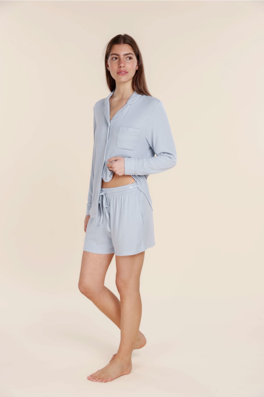 London Ribbed Long Sleeve Button Up Top