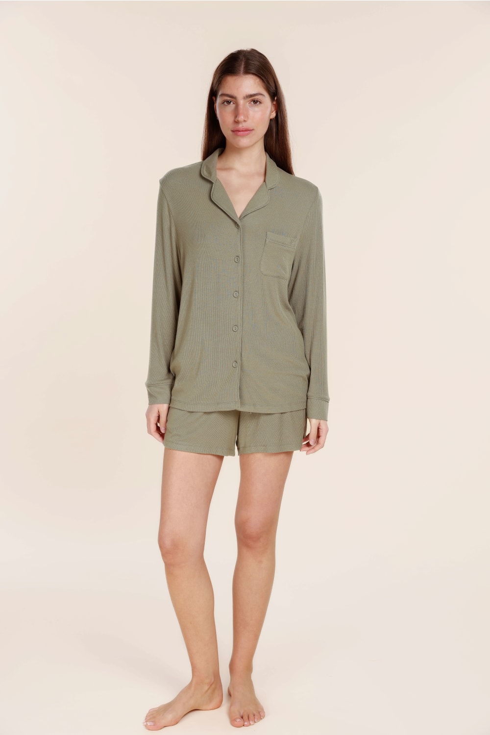 London Ribbed Long Sleeve Button Up Top
