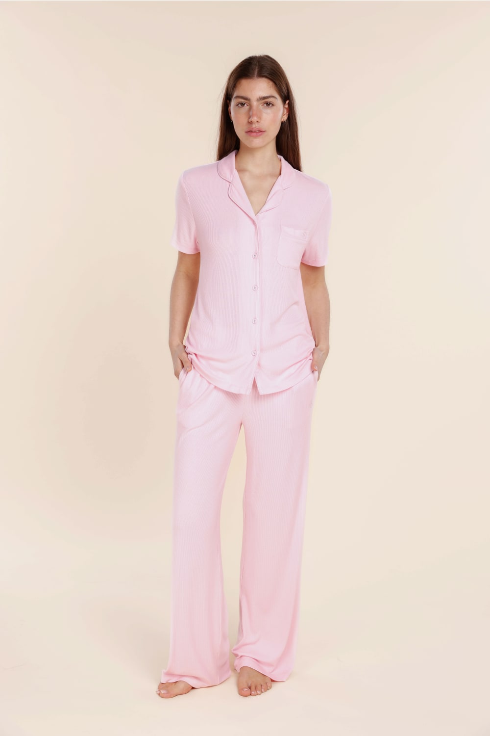 Lyon Ribbed Short Sleeve Button Up Top