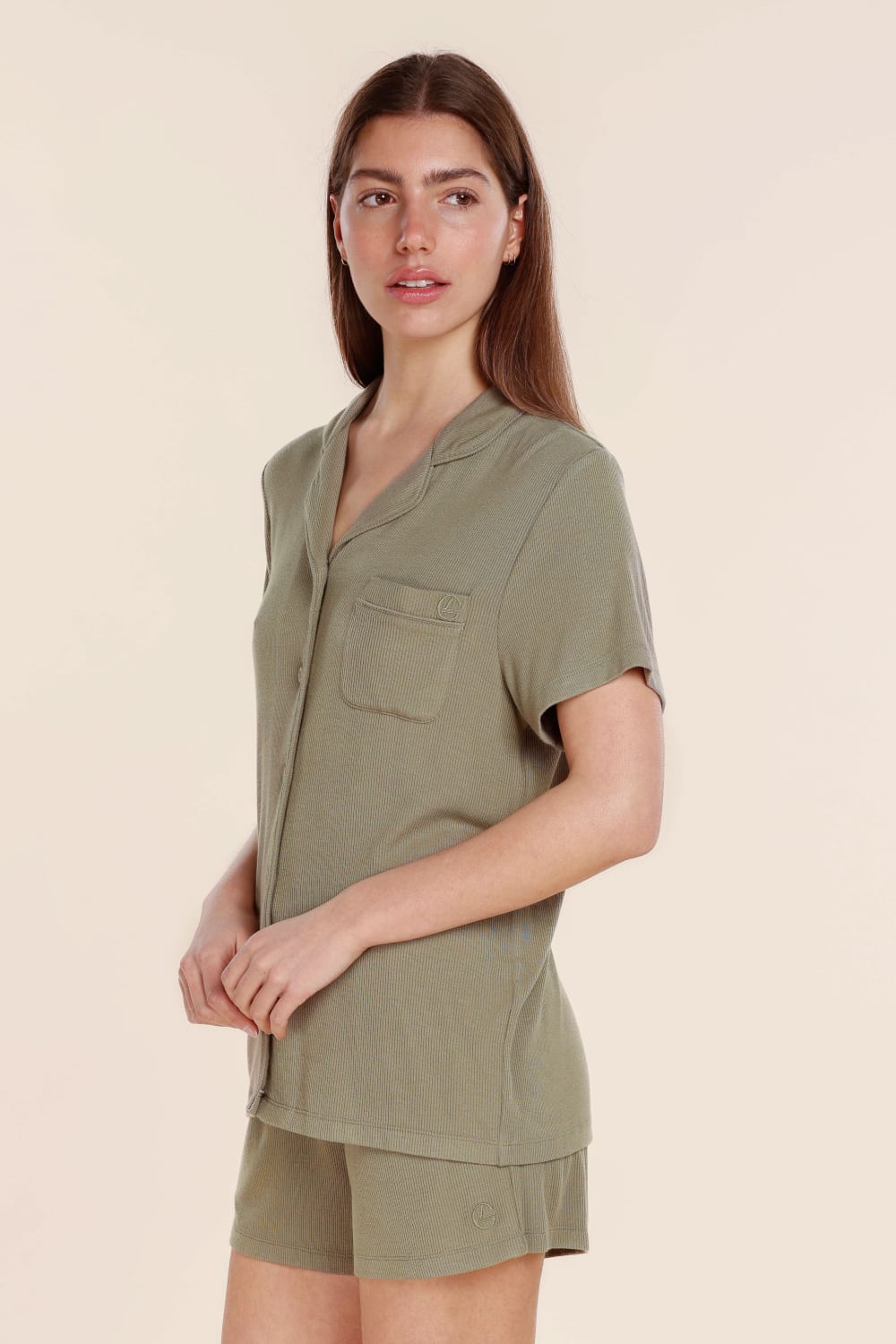 Lyon Ribbed Short Sleeve Button Up Top