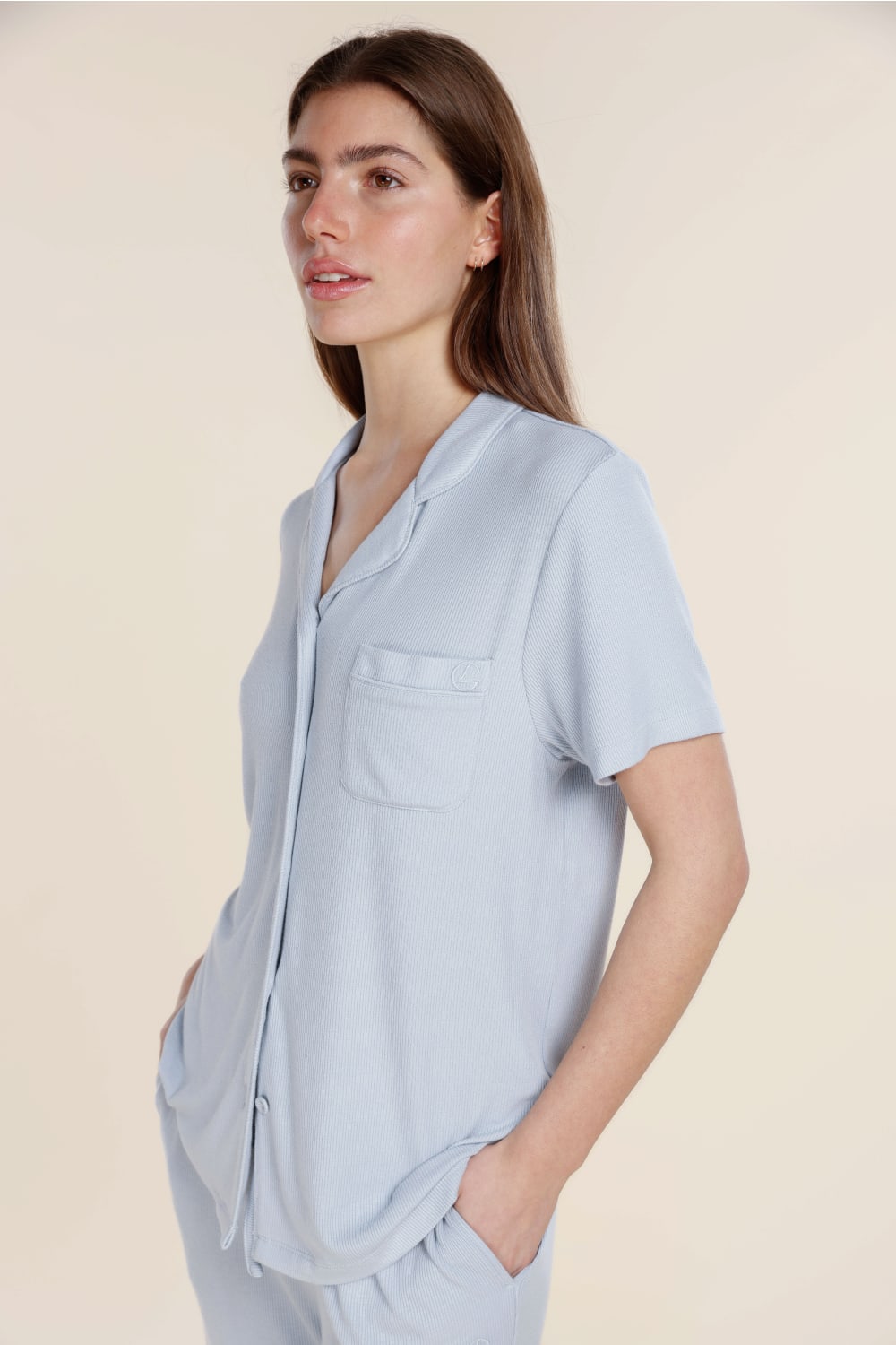 Lyon Ribbed Short Sleeve Button Up Top