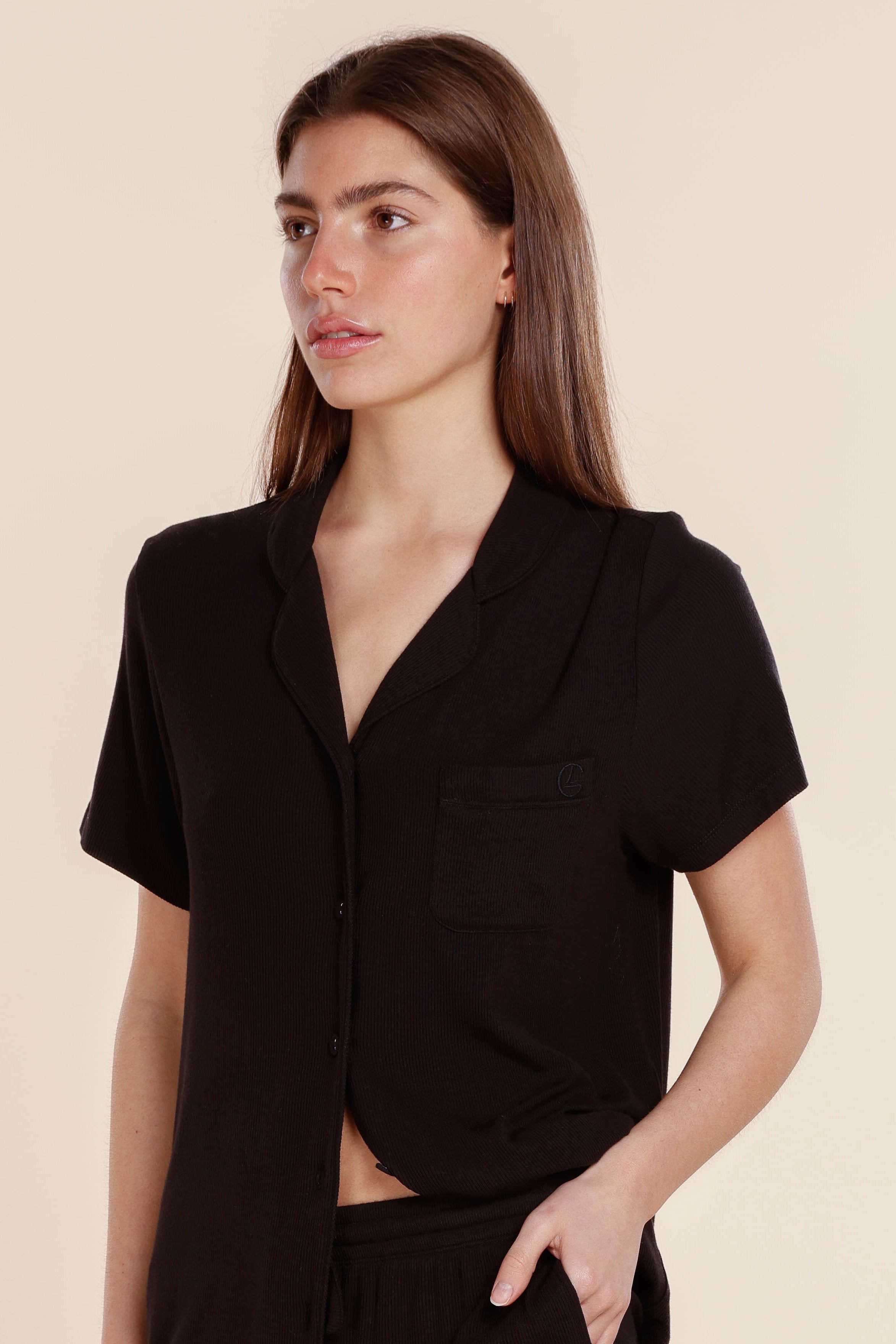 Lyon Ribbed Short Sleeve Button Up Top
