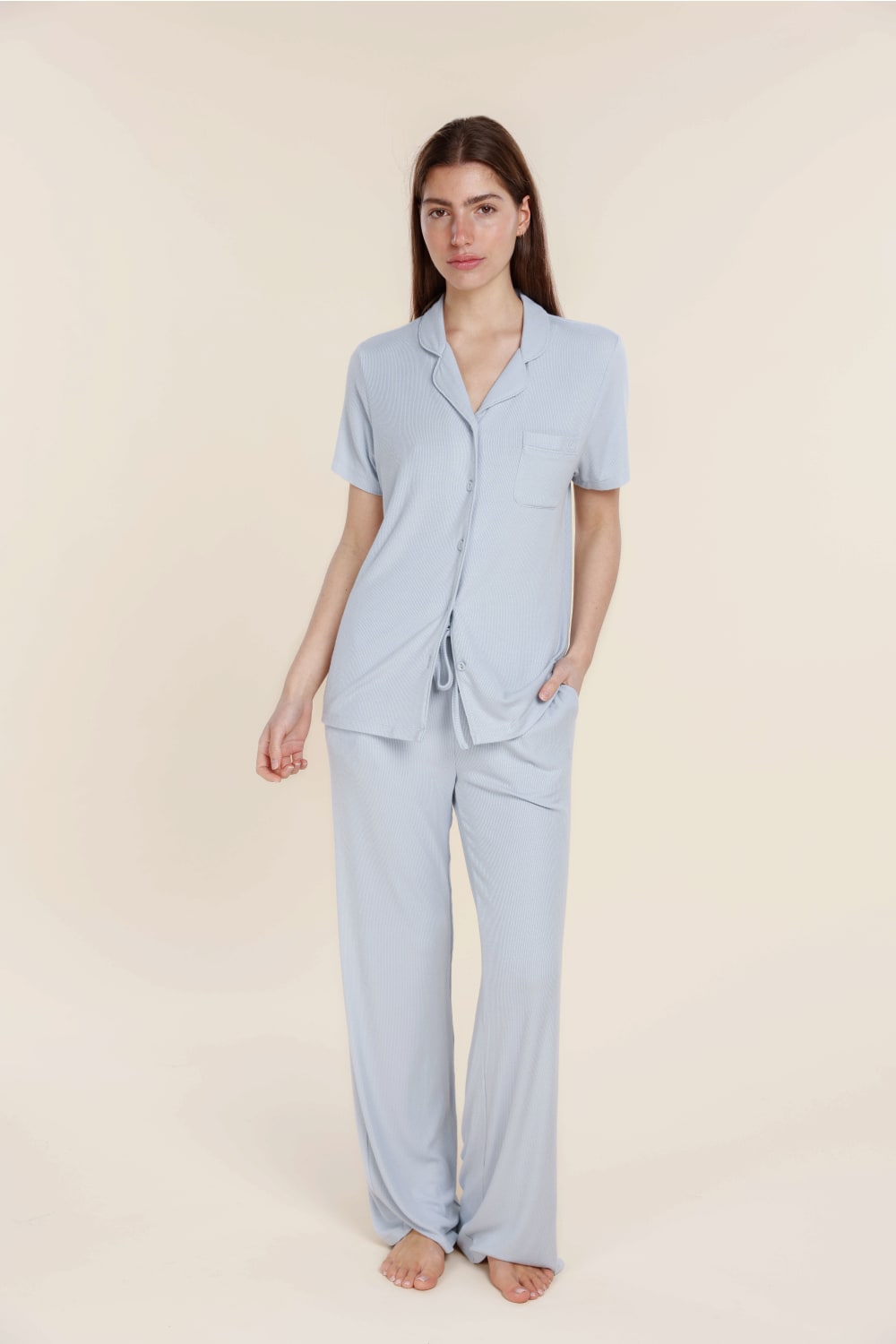 Lyon Ribbed Short Sleeve Button Up Top