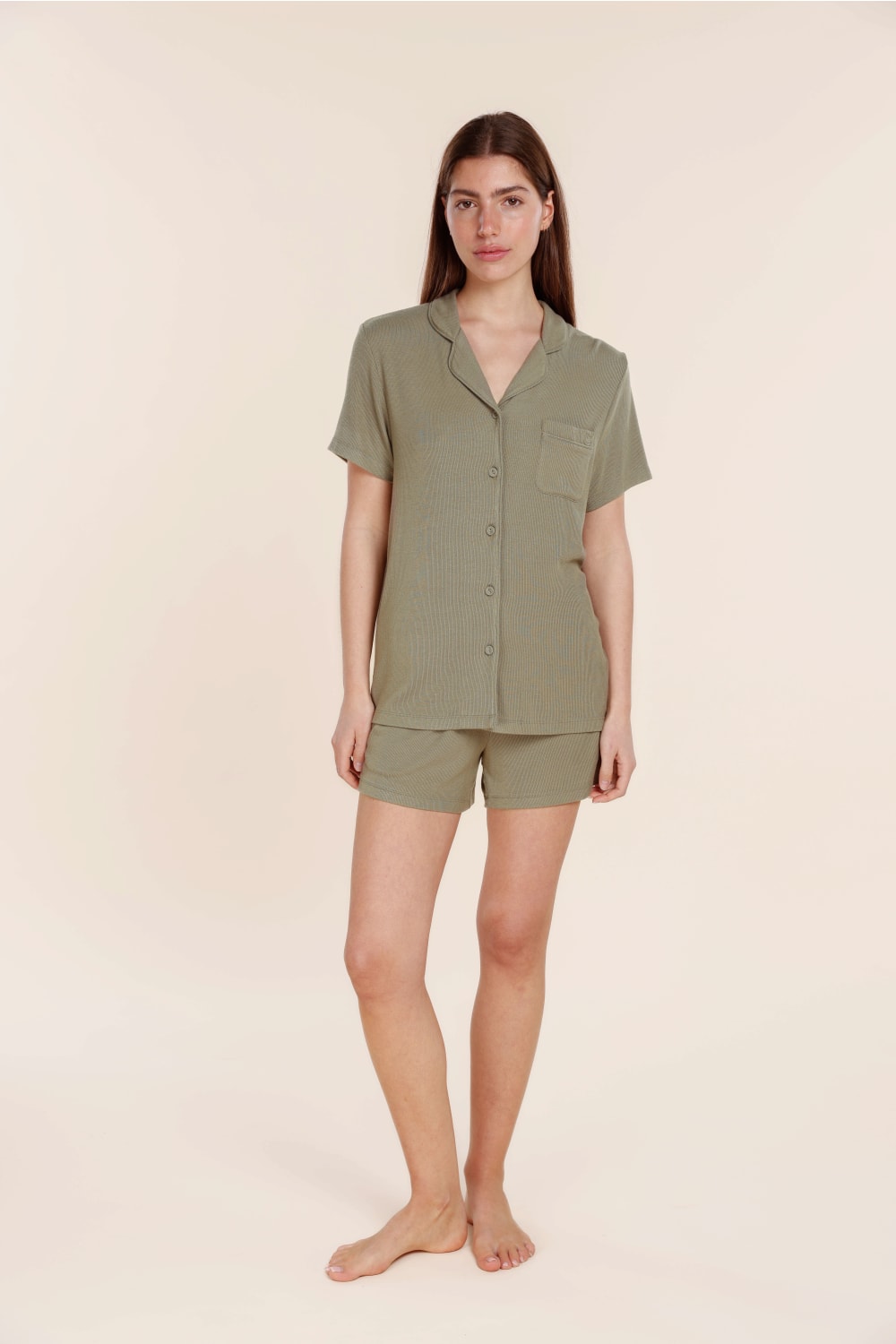 Lyon Ribbed Short Sleeve Button Up Top