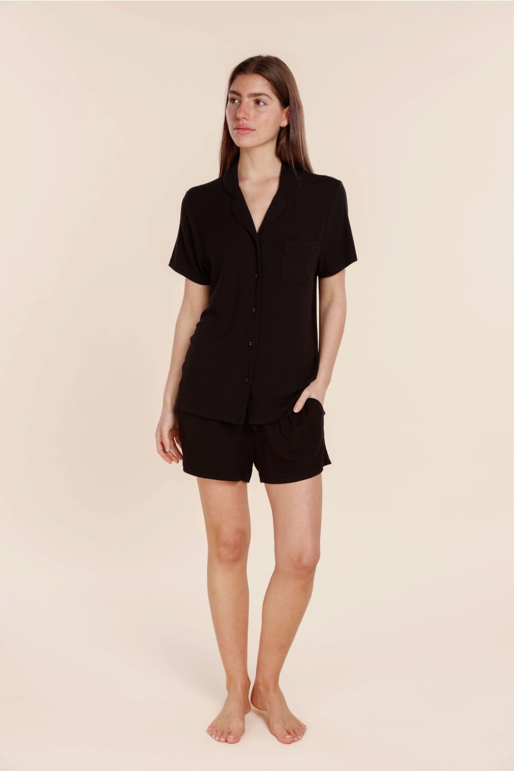 Lyon Ribbed Short Sleeve Button Up Top